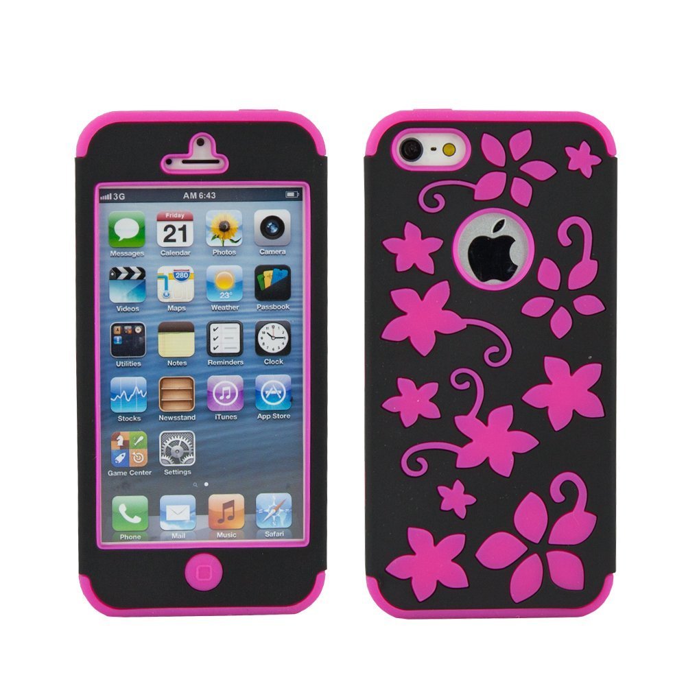 Wholesale iPhone 5 5S Flower Hard Hybrid Case (Black-Pink)